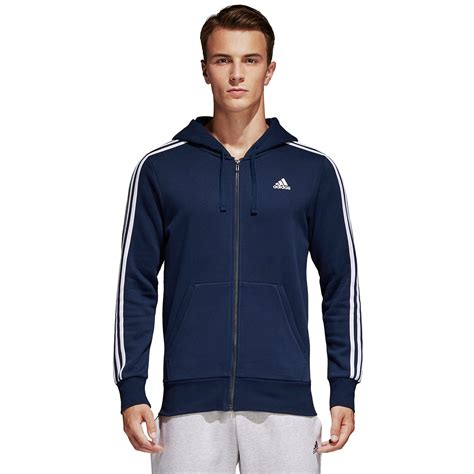 mens adidas original 3 stripe full zip fleece hoodie navy